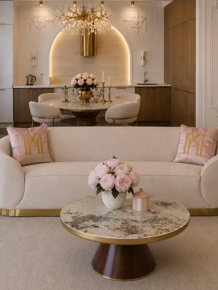 Sofa Beżowa Glamour Aksamitna FLORENCE Złote Nogi widziana z tyłu, prezentująca solidne wykonanie od Primavera Home.