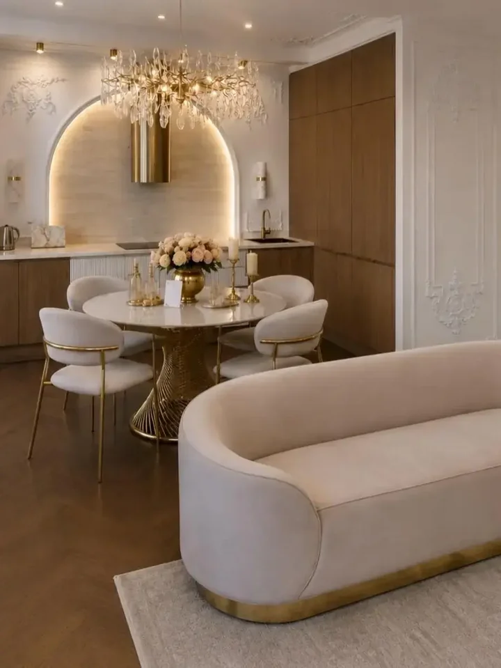 Widok kontowy sofy Beżowej Glamour Aksamitnej FLORENCE Złote Nogi, podkreślający jej wyjątkowy design od Primavera Home.