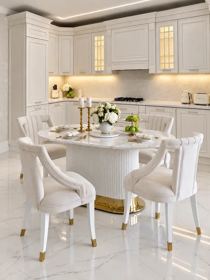 Widok z boku na stół biały złoty z marmurowym blatem, który doskonale komponuje się z eleganckim wystrojem wnętrza od Primavera Home.