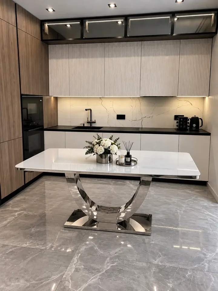 Stół glamour ekskluzywny do jadalni w perspektywie z boku, prezentujący elegancję, w ekspozycji w salonie od Primavera Home.