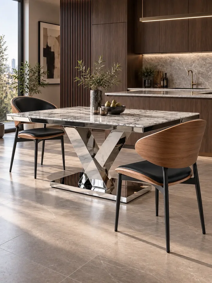 Stół LV COLLECTION Srebrny w zbliżeniu, podkreślający jego elegancję. Ekspozycja w salonie od Primavera Home.