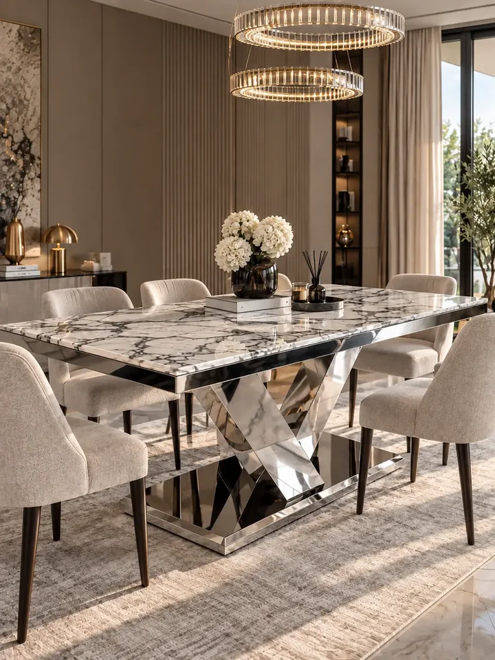 Stół LV COLLECTION Srebrny, detal wykończenia blatu z konglomeratu od Primavera Home.