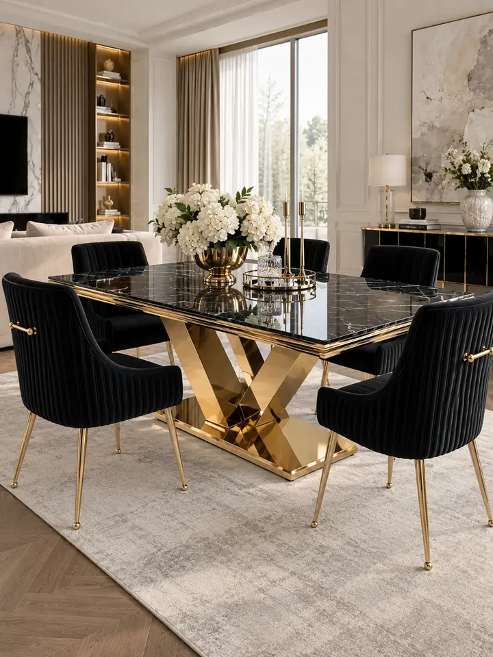 Aranżacja nowoczesnego wnętrza z użyciem stołu złotego z czarnym marmurowym blatem, glamour 240 cm na 12 osób LV COLLECTION od Primavera Home.