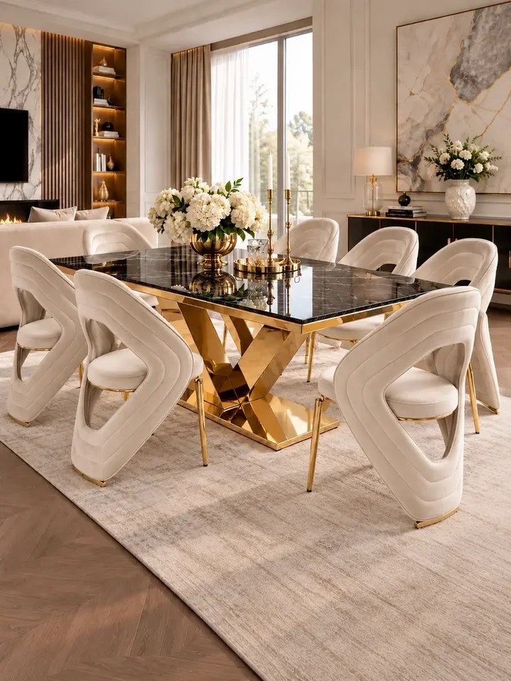 Czarny konglomerat i złoty stół glamour 240 cm na 12 osób LV COLLECTION w całym zestawie. Ekspozycja w salonie od Primavera Home.