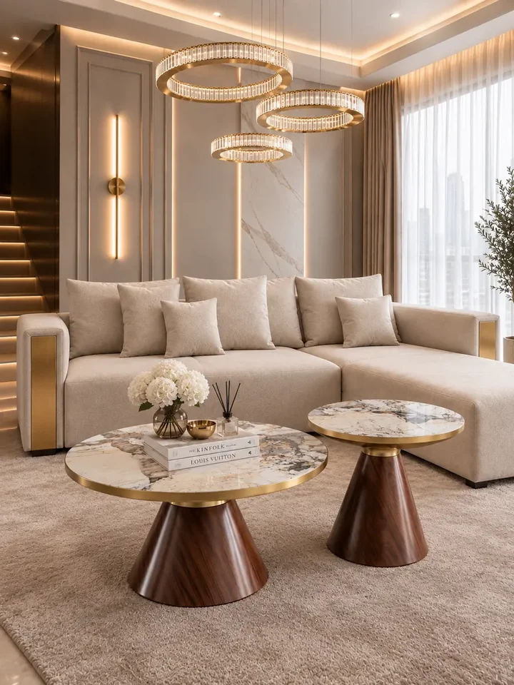 Zbliżenie na powierzchnię blatu z spiekanego kamienia, podkreślające elegancję stolika Robin S i Robin L od Primavera Home.