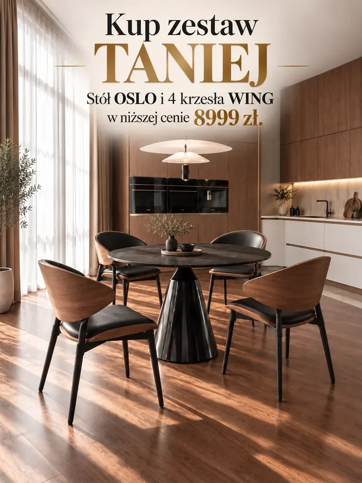 Zestaw stół okrągły czarny blat spiek kwarcowy czarny OSLO + 4 krzesła czarne drewniane WING w aranżacji nowoczesnego salonu. Meble na zamówienie od Primavera Home.
