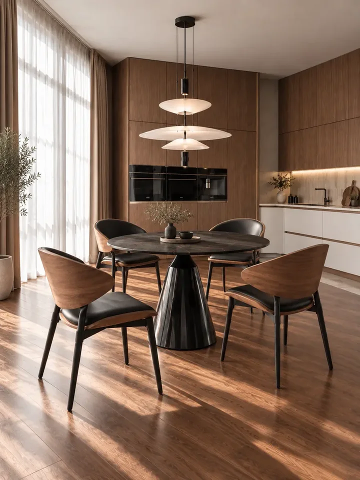 Zestaw stół okrągły czarny blat spiek kwarcowy czarny OSLO + 4 krzesła czarne drewniane WING w showroomie, prezentującym zalety produktu. Oświetlenie na zamówienie od Primavera Home.