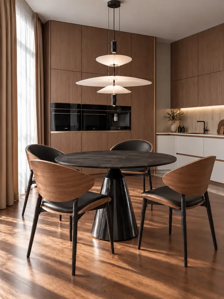 Zestaw stół okrągły czarny blat spiek kwarcowy czarny OSLO + 4 krzesła czarne drewniane WING z boku, eksponujący nowoczesny design. Meble na zamówienie od Primavera Home.