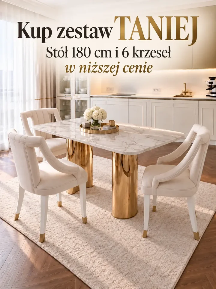 Zestaw stół złoty z białym marmurowym blatem ROKSI 180 cm + 6 krzeseł beżowych złotych tapicerowanych PALACE uwieczniony w zbliżeniu na tkaninę. Ekskluzywna ekspozycja w salonie od Primavera Home.