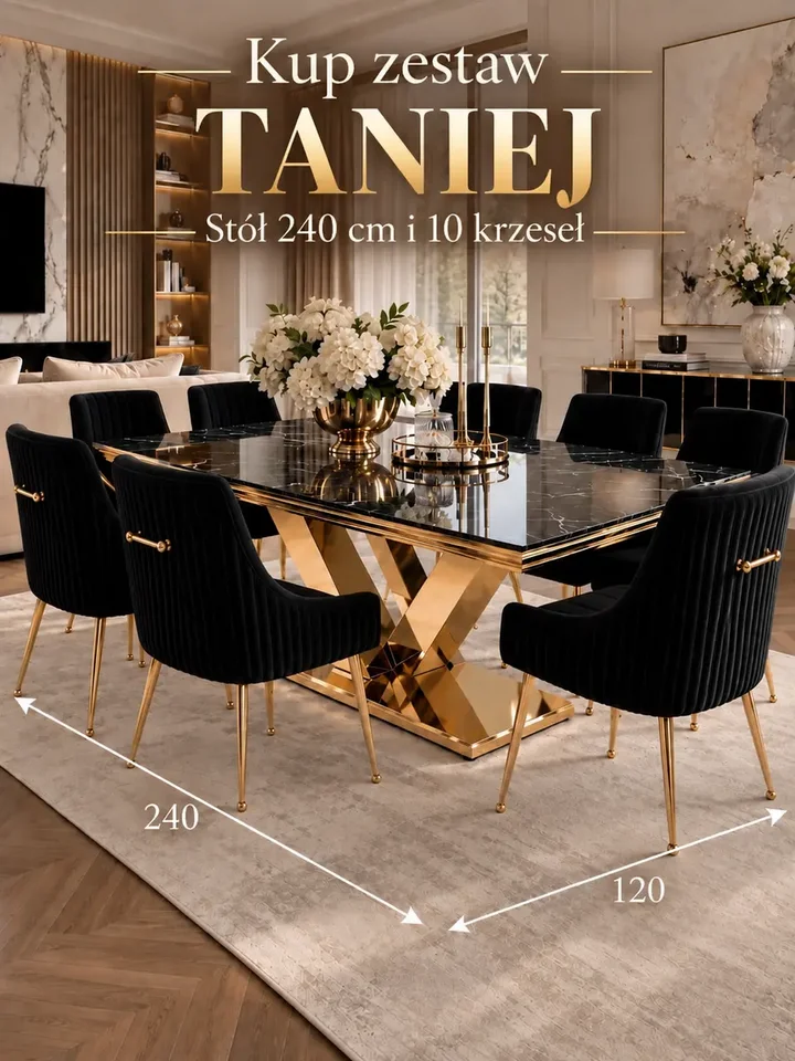 Zestaw stół złoty z czarnym marmurowym blatem glamour LV Collection 240 cm + 10 krzeseł czarnych złotych tapicerowanych PALOMA w eleganckiej aranżacji nowoczesnego wnętrza. Meble na zamówienie od Primavera Home.
