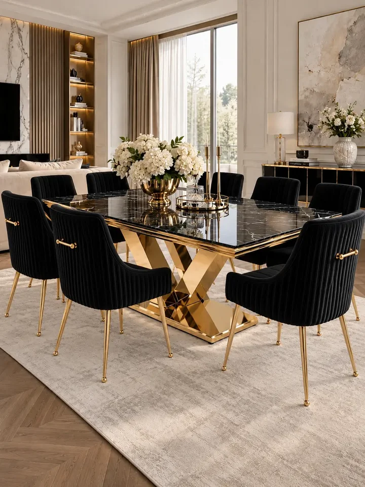 Zestaw stół złoty z czarnym marmurowym blatem glamour LV Collection 240 cm + 10 krzeseł czarnych złotych tapicerowanych PALOMA ukazujący cały zestaw w nowoczesnej aranżacji. Detal wykończenia od Primavera Home.