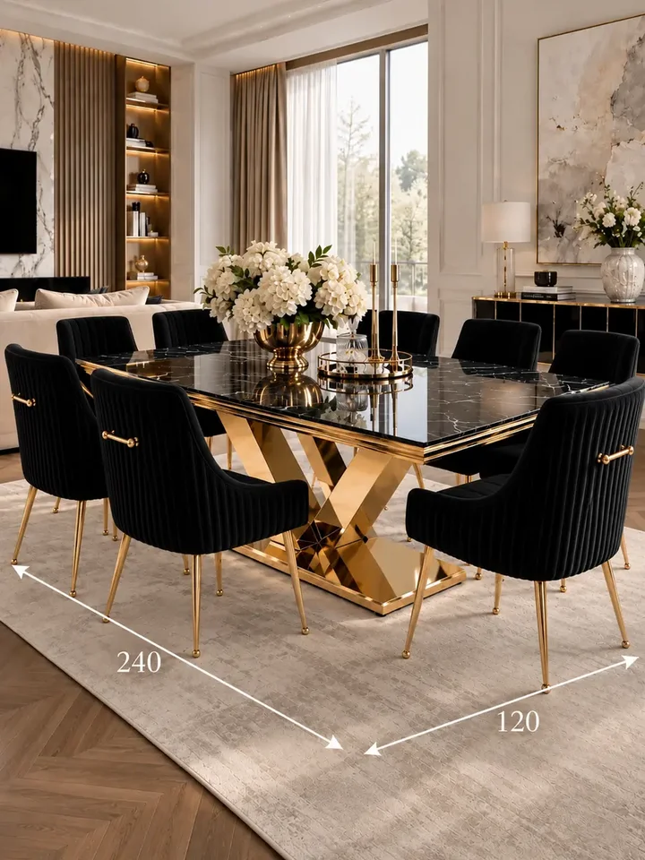 Zestaw stół złoty z czarnym marmurowym blatem glamour LV Collection 240 cm + 10 krzeseł czarnych złotych tapicerowanych PALOMA w widoku bocznym, idealnie pasujący do aranżacji nowoczesnego wnętrza. Meble na zamówienie od Primavera Home.
