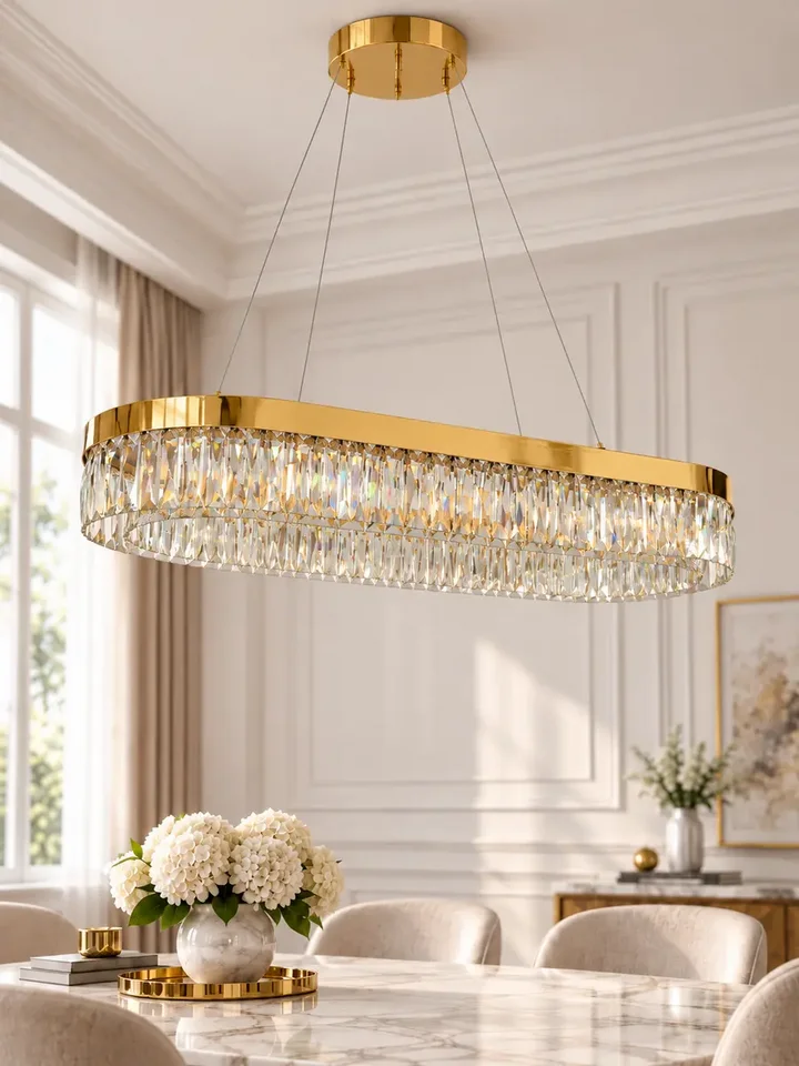Szczegółowe ujęcie kryształowego elementu lampy. Żyrandol Diamond Złoty 100 cm – Owalna Lampa Kryształowa od Primavera Home.