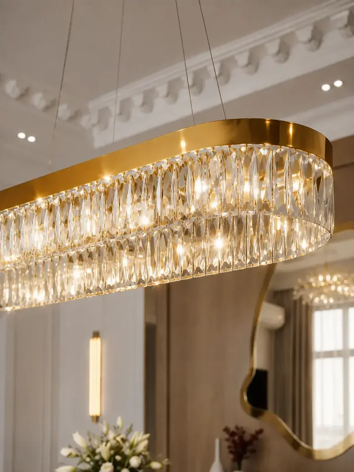 Widok w nocnej ambiance Żyrandola Diamond Złoty 100 cm – Owalna Lampa Kryształowa. Meble na zamówienie od Primavera Home.