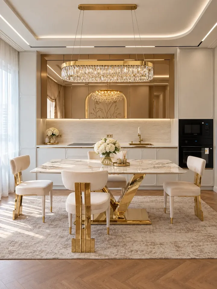 Lampa w oświetlonym wnętrzu, dodająca blasku przestrzeni. Żyrandol Diamond Złoty 100 cm – Owalna Lampa Kryształowa od Primavera Home.