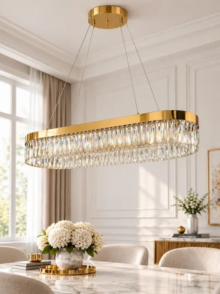 Stylowa aranżacja lampy w nowoczesnym salonie. Żyrandol Diamond Złoty 100 cm – Owalna Lampa Kryształowa od Primavera Home.