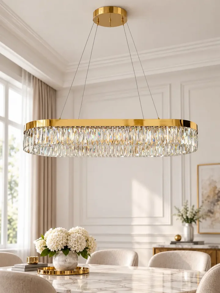 Lampa w wyjątkowej ekspozycji w nowoczesnym wnętrzu. Żyrandol Diamond Złoty 100 cm – Owalna Lampa Kryształowa od Primavera Home.