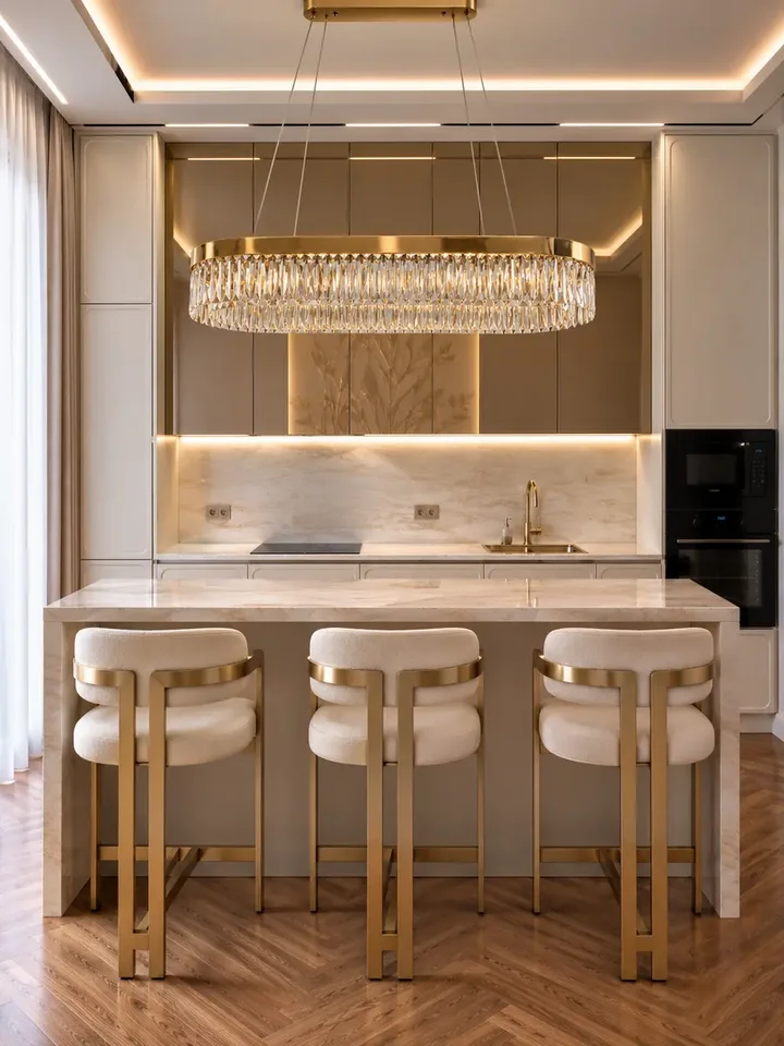 Profil lampy w eleganckim otoczeniu. Żyrandol Diamond Złoty 100 cm – Owalna Lampa Kryształowa od Primavera Home.