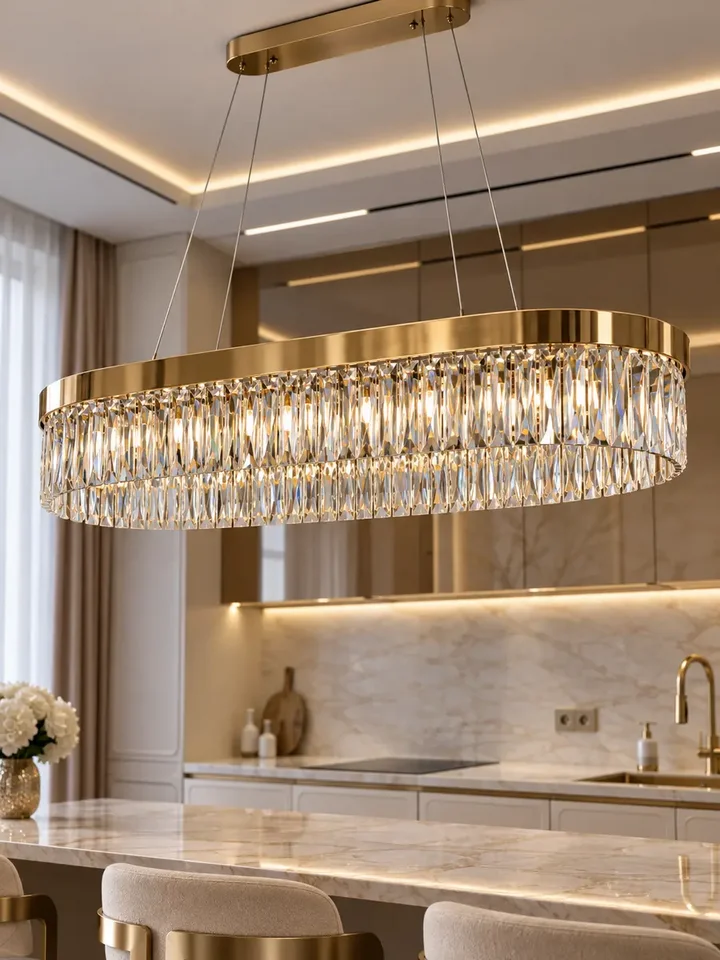 Perspektywiczne ujęcie lampy w aranżacji. Żyrandol Diamond Złoty 100 cm – Owalna Lampa Kryształowa od Primavera Home.