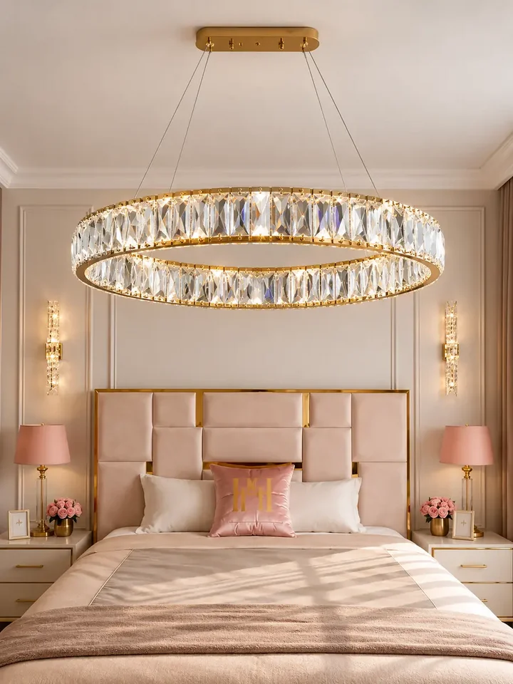 Ekskluzywna ekspozycja Żyrandola Kryształowego Złotego Ring Nowoczesnego CRYSTAL w nowoczesnym salonie. Oferuje Primavera Home.