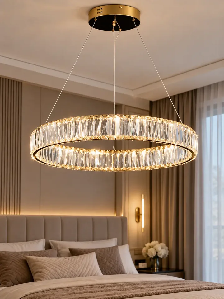 Detal wykończenia Żyrandola Kryształowego Złotego Ring Nowoczesnego CRYSTAL, podkreślający jakość i styl od Primavera Home.