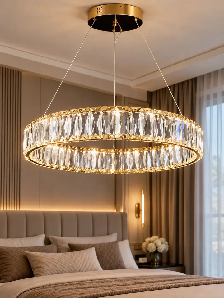 Żyrandol Kryształowy Złoty Ring Nowoczesny CRYSTAL w aranżacji nowoczesnej kuchni, od Primavera Home.