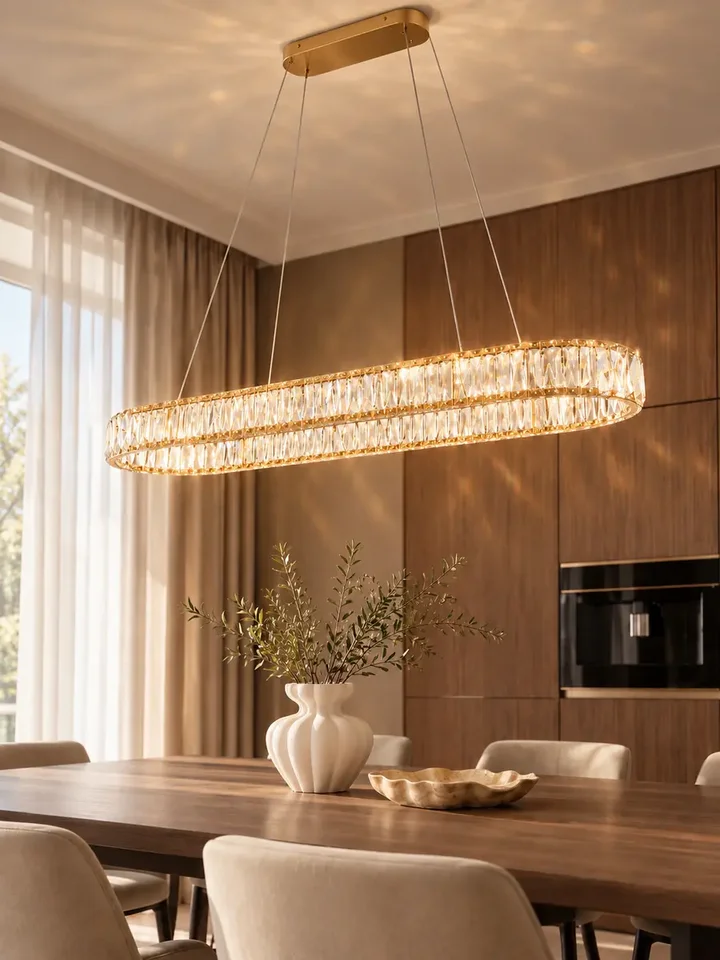 Zestaw z żyrandolem nowoczesnym złotym Crystal, stanowiącym centralny element dekoracyjny od Primavera Home.
