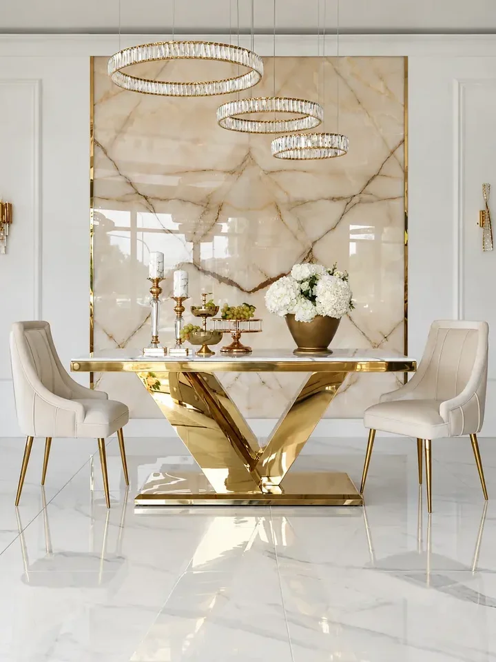 Stół glamour LV Collection z białym blatem i złotą podstawą, ustawiony przy dwóch kremowych krzesłach na tle dekoracyjnej ściany.