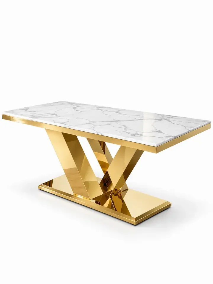 Stół glamour LV Collection z białym blatem i złotą podstawą, prezentowany samodzielnie na białym tle.