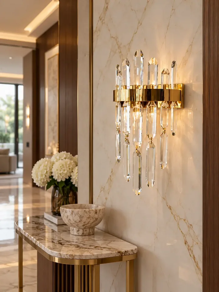 Kinkiet kryształowy złoty w ekspozycji showroomowej, lampa ścienna glamour BULGARI prezentująca nowoczesny design. Oświetlenie na zamówienie od Primavera Home.
