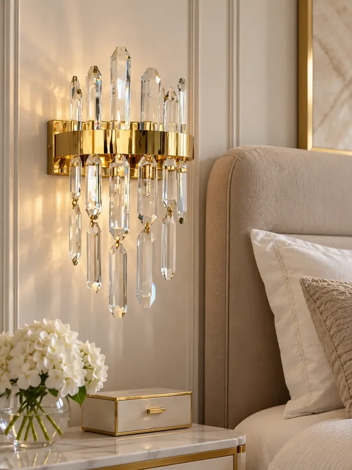 Kinkiet kryształowy złoty do sypialni, łazienki, lampa ścienna glamour BULGARI z boku, elegancko podkreślający aranżację nowoczesnego wnętrza. Oświetlenie na zamówienie od Primavera Home.