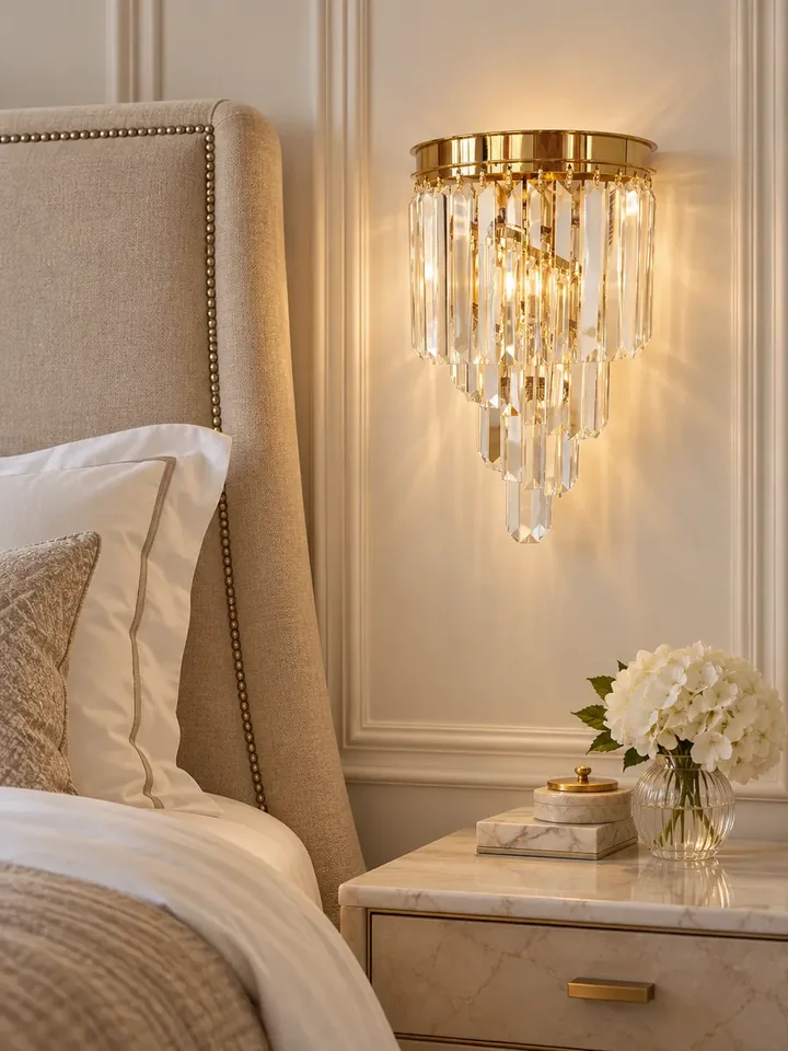 Kinkiet Kryształowy Złoty Glamour DIAMOND widziany od dołu, podkreślający jego wysokość i elegancję. Meble na zamówienie od Primavera Home.