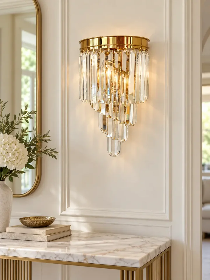 Kinkiet Kryształowy Złoty Glamour DIAMOND uchwycony pod kątem, akcentujący swój unikalny design. Meble na zamówienie od Primavera Home.