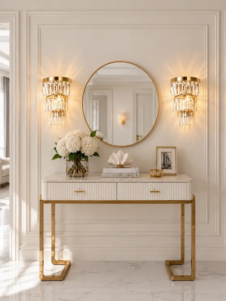 Kinkiet złoty, kryształowy lampa ścienna do sypialni, łazienki glamour DIAMOND 3 Primavera Home w ekspozycji w salonie. Elegancki akcent do nowoczesnych przestrzeni.