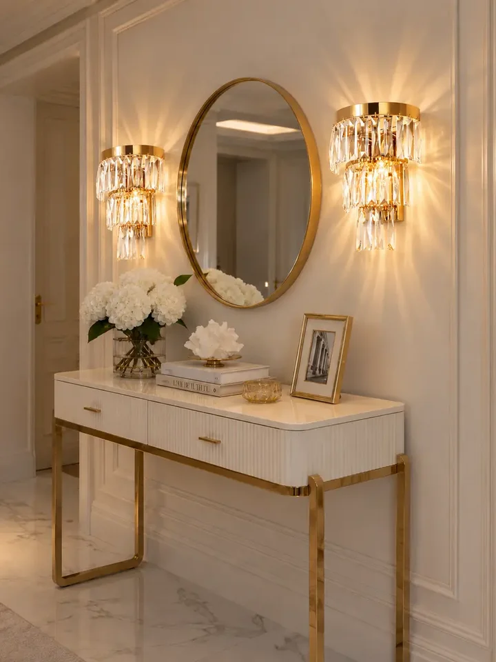 Kinkiet złoty, kryształowy lampa ścienna do sypialni, łazienki glamour DIAMOND 3 Primavera Home ukazany z perspektywy. Nowoczesne rozwiązanie do aranżacji dowolnego wnętrza.