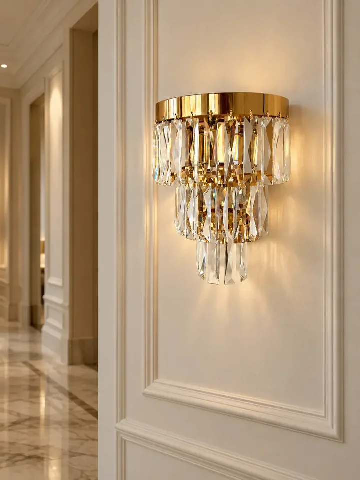 Kinkiet złoty, kryształowy lampa ścienna do sypialni, łazienki glamour DIAMOND 3 Primavera Home w jasnym wnętrzu. Świetne źródło światła do odpowiedniej atmosfery.