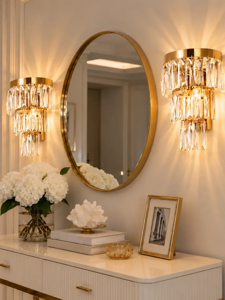 Kinkiet złoty, kryształowy lampa ścienna do sypialni, łazienki glamour DIAMOND 3 Primavera Home w zbliżeniu. Wyjątkowa ekspozycja w salonie.