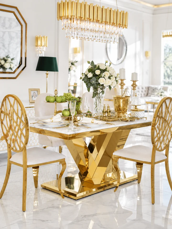 Stół glamour LV Collection z białym blatem i złotą podstawą, ustawiony w eleganckiej jadalni z zieloną lampą i dekoracjami.