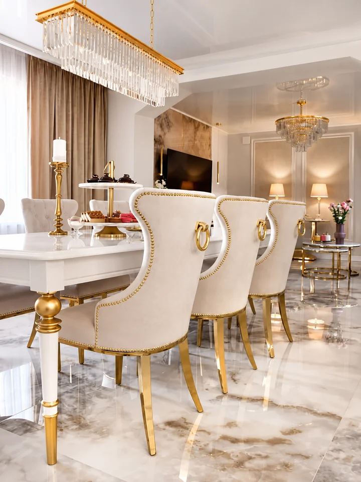 Stół Queen glamour z białym blatem i złotymi nogami, ustawiony w eleganckim wnętrzu z trzema beżowymi krzesłami z kołatkami.