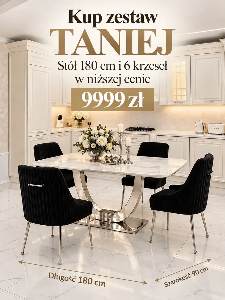 Zestaw w ujęciu z przodu, prezentujący elegancki stół oraz krzesła w aranżacji nowoczesnego wnętrza. Oświetlenie na zamówienie od Primavera Home.