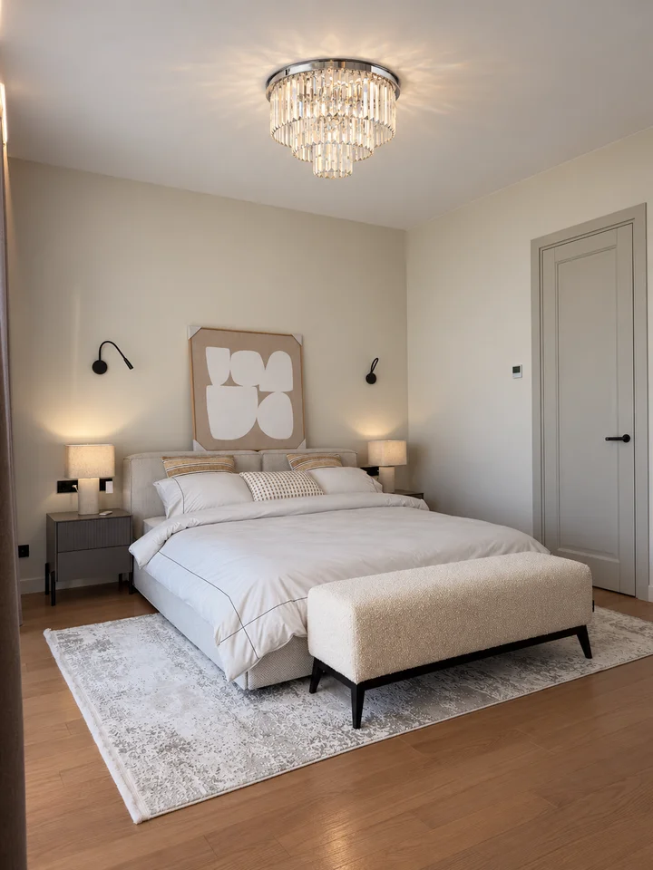 Kryształowy plafon glamour zamontowany w minimalistycznej sypialni z jasnym łóżkiem i dywanem.