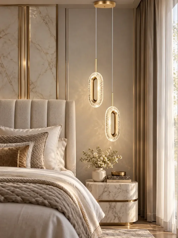 Widok z boku na żyrandol VALO DOUBLE Złoty, prezentujący jego elegancki design. Oświetlenie na zamówienie od Primavera Home.