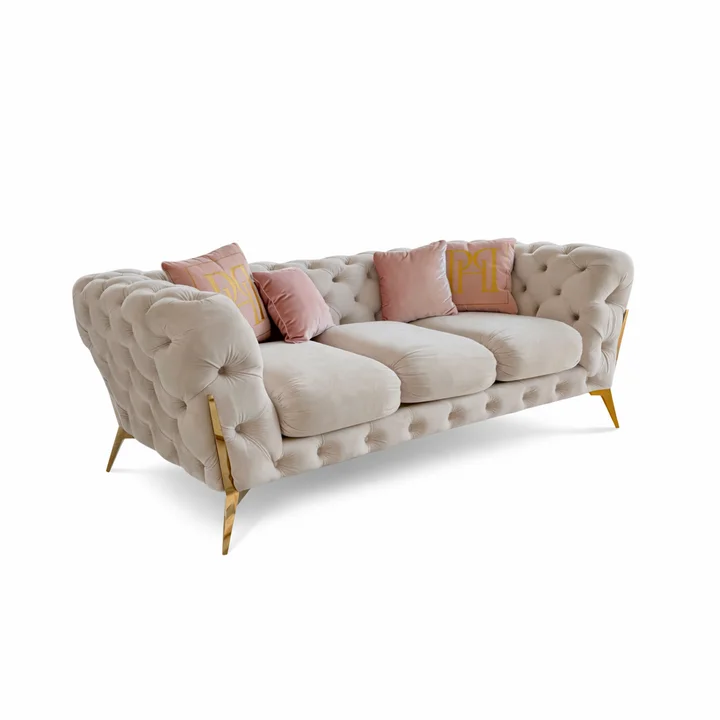sofa tapicerowana beżowa złota