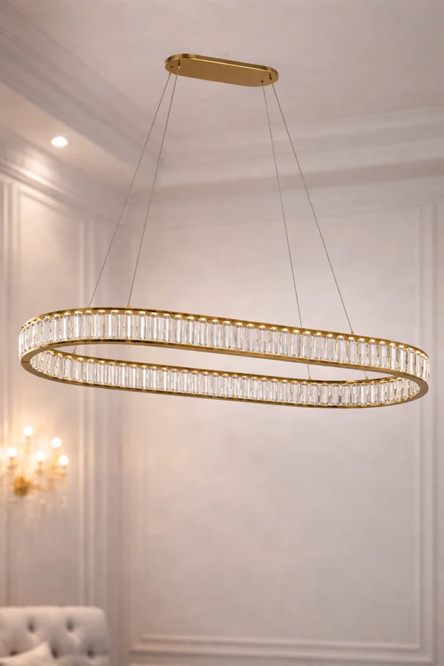 złota lampa kryształowa wisząca nad stół
