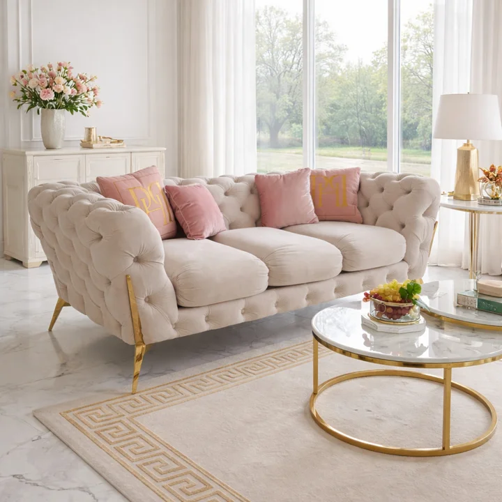 Nowoczesna sofa pikowana glamour Diva Gold o długości 235 cm