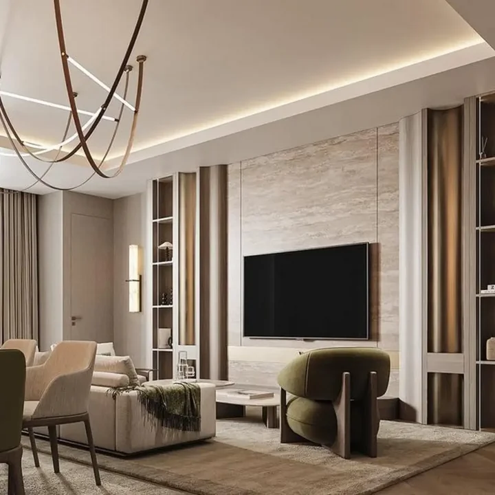 Aranżacja wnętrza z żyrandolem Cosmopolitan S-M w stylu designerskim. Meble od Primavera Home.