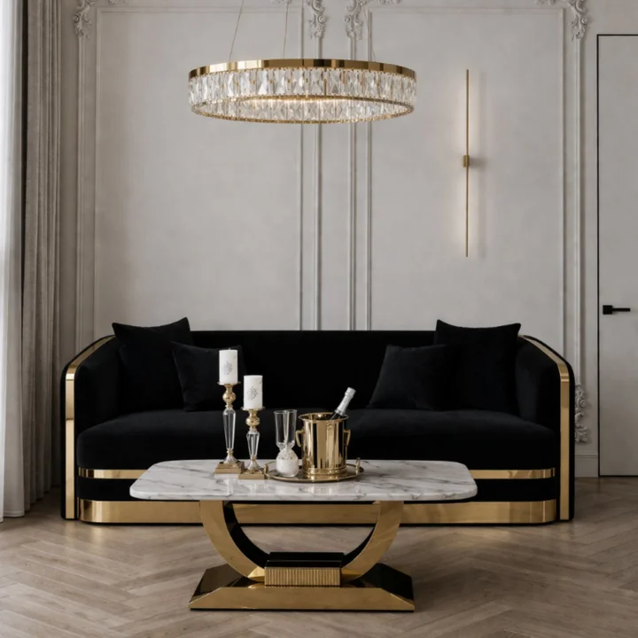 luksusowa sofa do salonu czarna złota