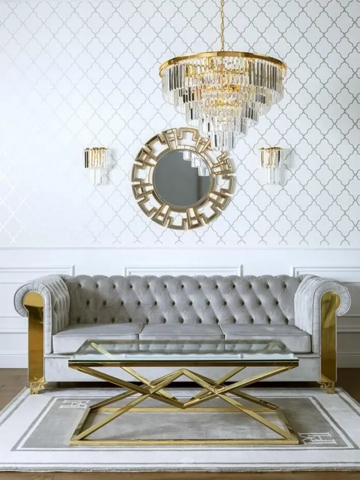 Cały zestaw z kryształowym kinkietem glamour nowoczesnym lampą ścienną złoty GLAMOUR XS w aranżacji wnętrza. Expozycja od PRIMAVERA HOME.