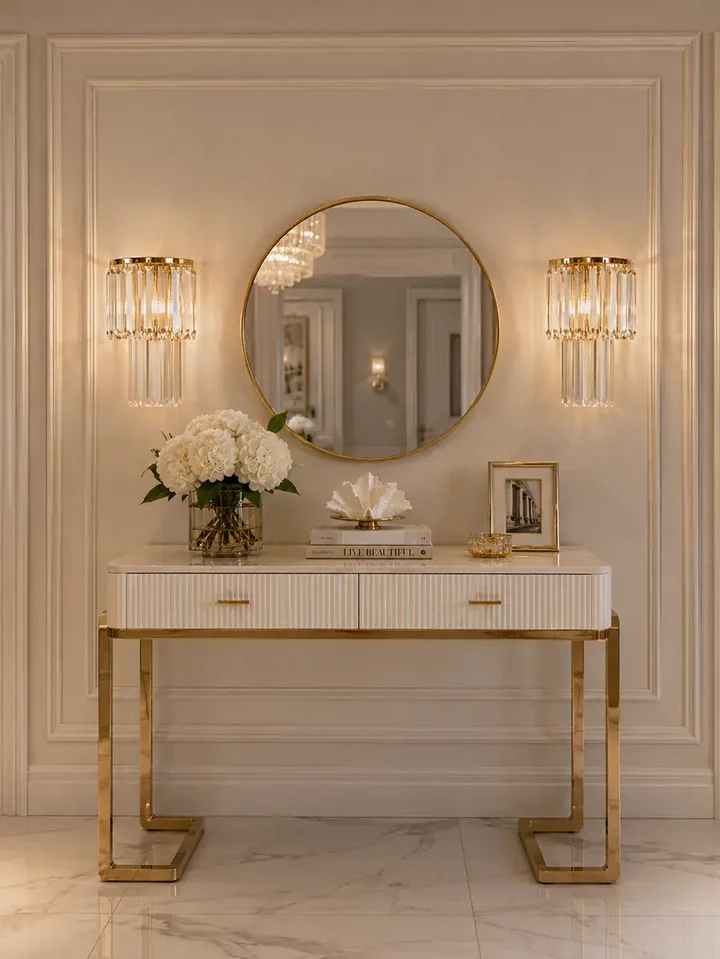 Przytulna aranżacja z kryształowym kinkietem glamour nowoczesnym lampą ścienną złoty GLAMOUR XS. Meble na zamówienie od PRIMAVERA HOME.