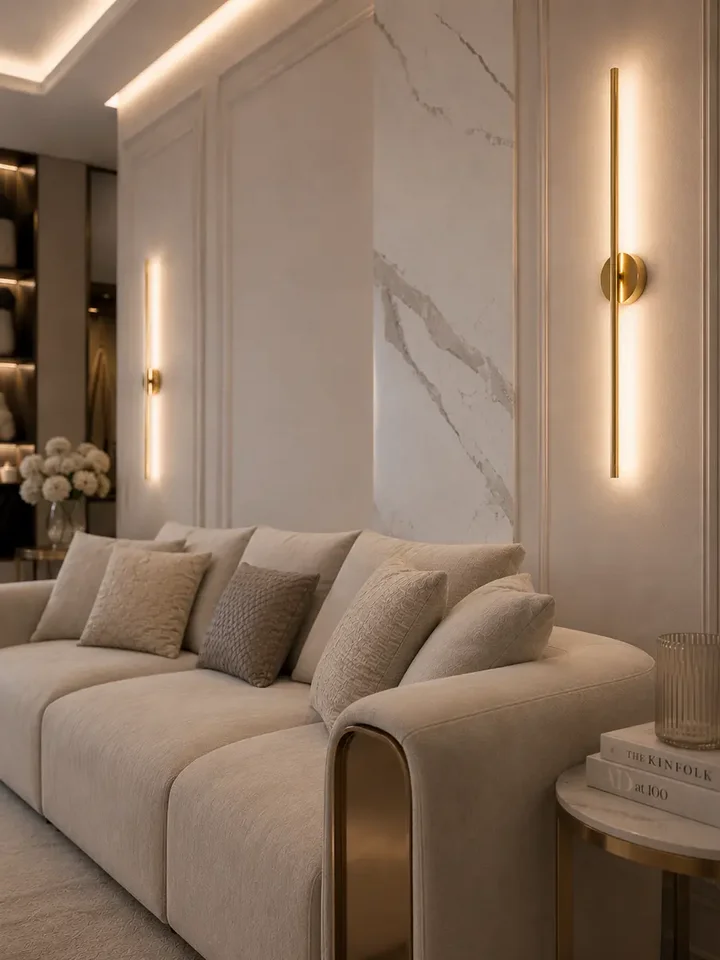 Kinkiet MODERN w aranżacji nowoczesnego salonu, podkreślający elegancję wnętrza. Oświetlenie na zamówienie od Primavera Home.